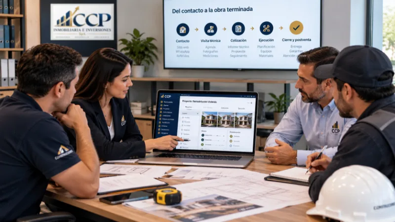Reunión de planificación de obra: un equipo revisa en un computador portátil la ficha de un proyecto de remodelación, frente a una pantalla con el recorrido del contacto a la obra terminada.