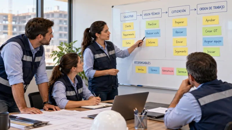 Reunión de planificación en obra: una profesional explica en una pizarra el proceso de solicitud, visita técnica, cotización y orden de trabajo, con tareas por responsable (ventas, técnico, administración y gerencia), mientras su equipo la escucha.