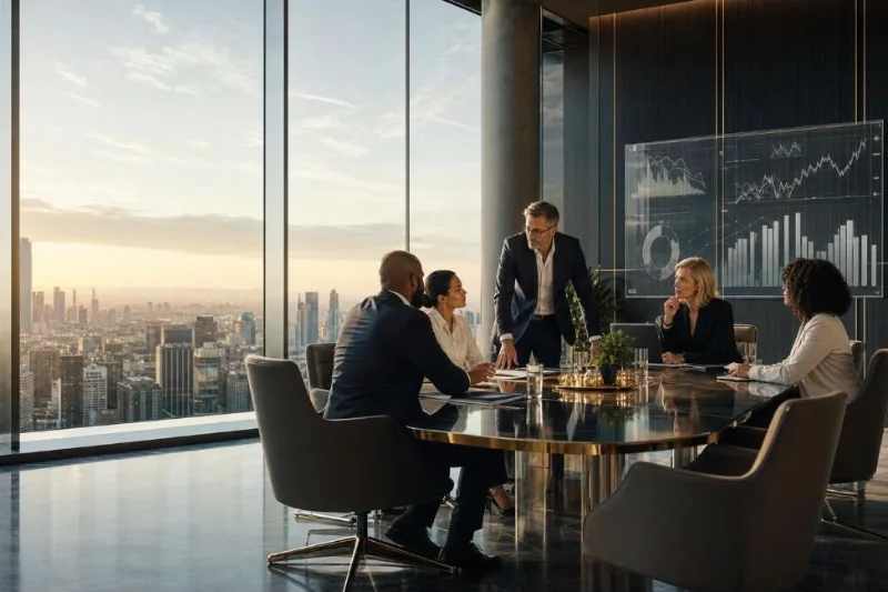 Reunión de trabajo en una sala de directorio con vista a la ciudad y gráficos de crecimiento en pantalla